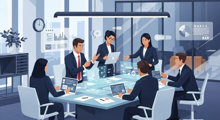 Flat Vector of Multicultural Executive Team Brainstorming with Futuristic Holographic Digital Table
