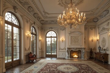Obraz premium Imagine hosting a glamorous event in this light-filled grand ballroom with its ornate chandelier and elegant fireplace, perfect for luxury lifestyle branding