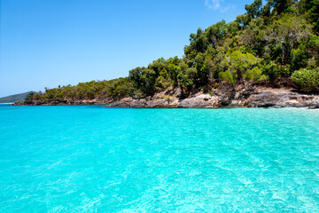 Whitehaven Beach is on Whitsunday Island. The beach is known for its crystal white silica sands and turquoise colored waters. Autralia, Dec 2019