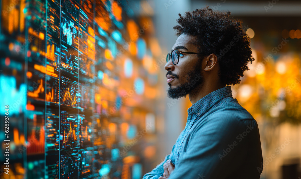 Poster focused young man analyzing digital data visualizations on multiple transparent screens in modern of