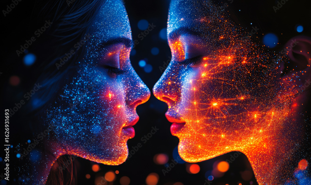Poster side profile of two female faces close together with glowing blue and orange digital network dots an