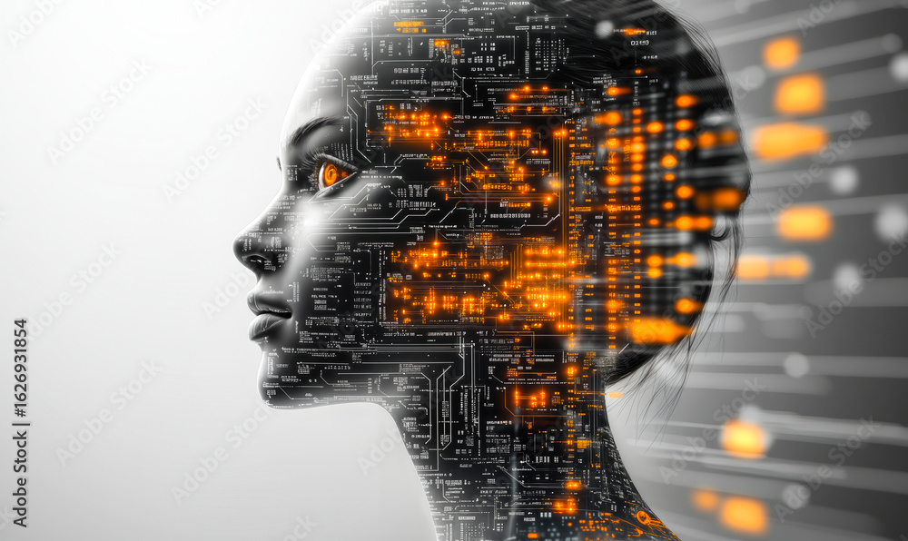 Poster futuristic human face profile integrated with glowing orange digital circuit board and data streams 