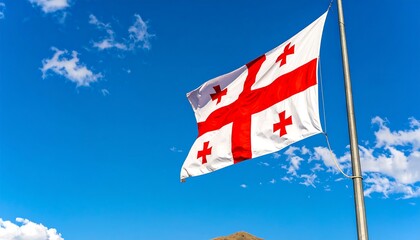 Georgian flag waving in clear blue sky