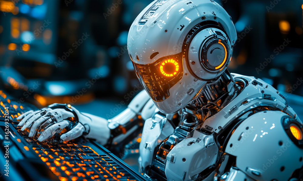 Poster advanced humanoid robot with glowing orange eye typing on illuminated futuristic keyboard in high-te