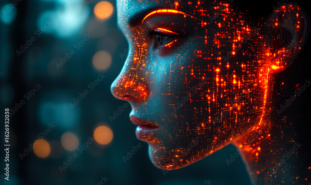 Poster profile of futuristic female ai humanoid face illuminated with glowing orange digital grid and data 