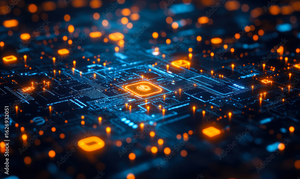 Poster futuristic digital circuit board with glowing orange and blue microchips symbolizing advanced techno