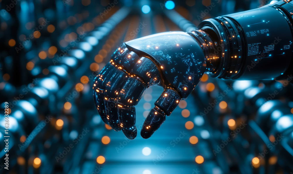 Poster futuristic robotic hand with digital interface and blue glowing lights in advanced technology enviro