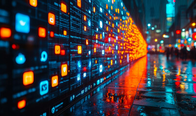 Digital social media icons and data visualization on illuminated futuristic city street wall reflecting wet pavement showcasing interconnected technology and communication networks at night