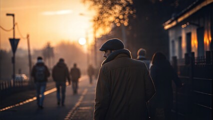 Elderly man walking in a park at sunset surrounded by people and trees