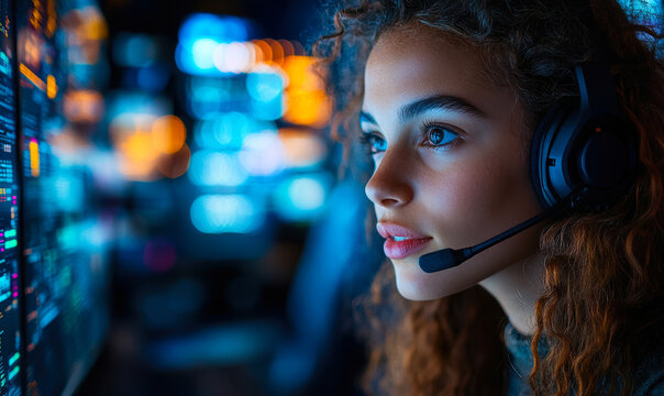 Close up of young woman with headset looking at digital screens displaying data and graphs in control room with colorful bokeh background technology concept