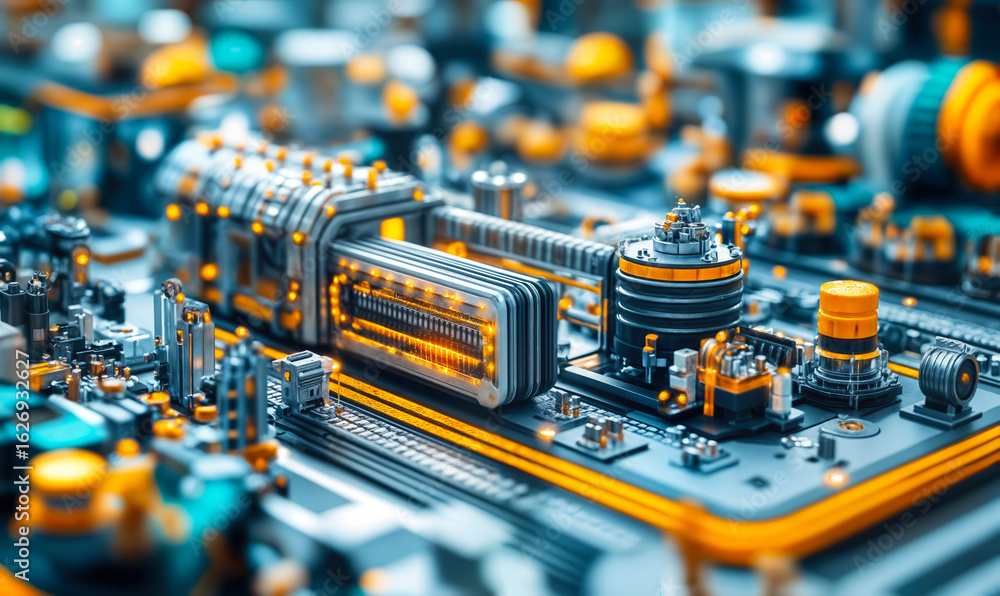 Poster close-up futuristic electronic circuit board technology with glowing components and intricate microc
