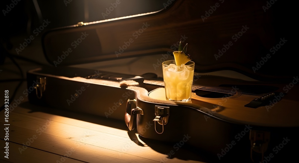Poster cocktail in a case on an acoustic guitar capturing warm light in a dark environment. selective focus
