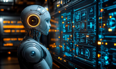 Futuristic humanoid robot analyzing complex data and system interfaces on transparent digital screen in high-tech server room environment