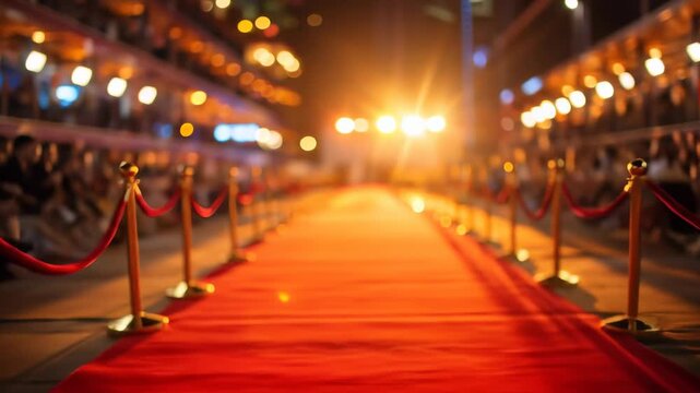 The luxury entrance to a VIP event or gala party. An exclusive red carpet background with elegant lights and stanchions. 4K concept animation. 