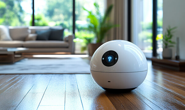 Smart home spherical robot with touchscreen control panel on hardwood floor in modern living room interior with natural light and plants
