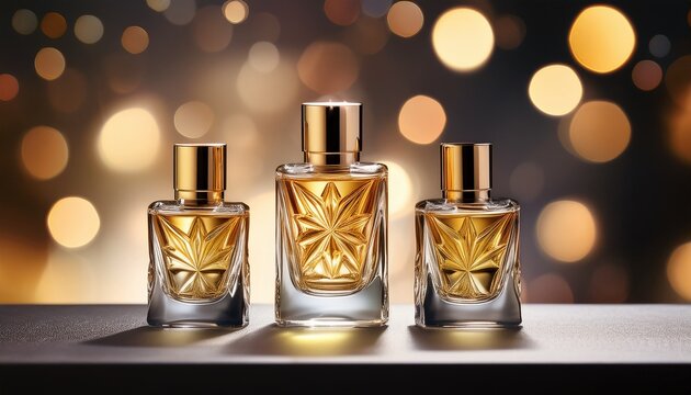 elegant perfume bottles with golden liquid arrayed on gray surface with bokeh background creating luxurious and aromatic still life