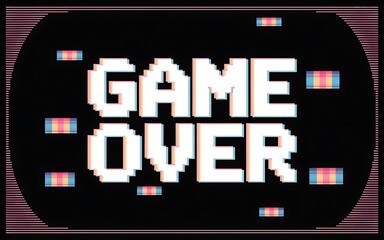 Retro 8-bit glitch text reading 'GAME OVER' with pixelated distortion on a dark screen background, inspired by vintage arcade aesthetics