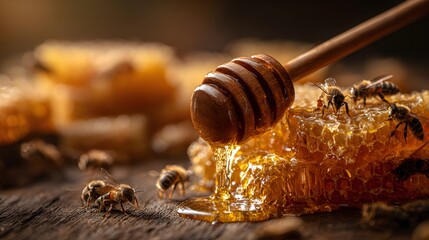 Golden honey dripping from honeycomb with bees and wooden dipper