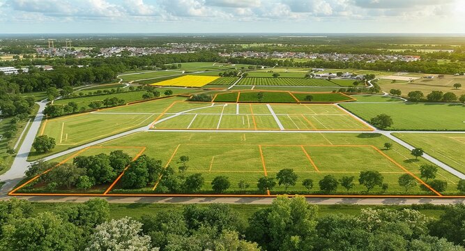 Open land area divided into neat plots with boundary markings. Some areas show green farmland with trees and crops. Peaceful, natural environment under blue sky. Tags: “Land”, “Plotting Projects”, 