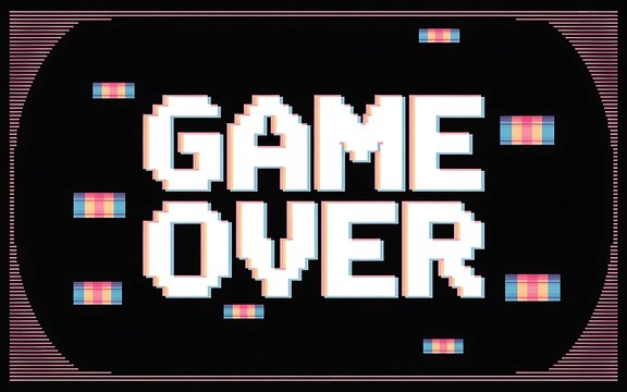 Retro 8-bit glitch text reading 'GAME OVER' with pixelated distortion on a dark screen background, inspired by vintage arcade aesthetics - Powered by Adobe