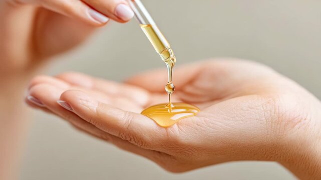 Smooth flowing golden liquid dropping from pipette onto open hands for skincare routine