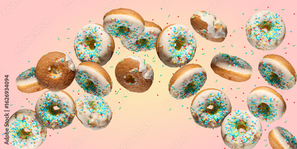 Poster multiple white glazed donuts with colorful sprinkles falling or flying in a curved path on a gradien