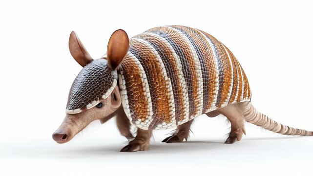 Armored Wanderer: Detailed Portrait of a Nine-Banded Armadillo on White Background