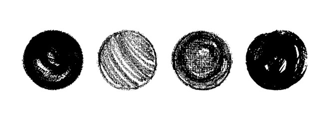 Hand drawn black crayon wax and chalk textured paintbrush circles for chalkboard or blackboard use. Great for kindergarten, kid crafts, children school art, calligraphy, and grungy speech bubble