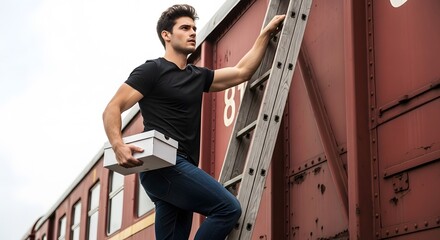 Handsome man in black t-shirt and jeans climbing a ladder on a maroon train car carrying a white box in a daytime outdoor shot.