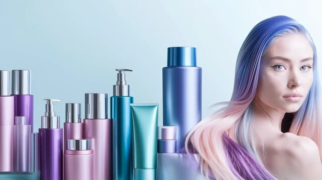 A row of colorful bottles and tubes of hair care products are displayed on a table. The products include shampoo, conditioner, and styling products. Concept of variety and abundance