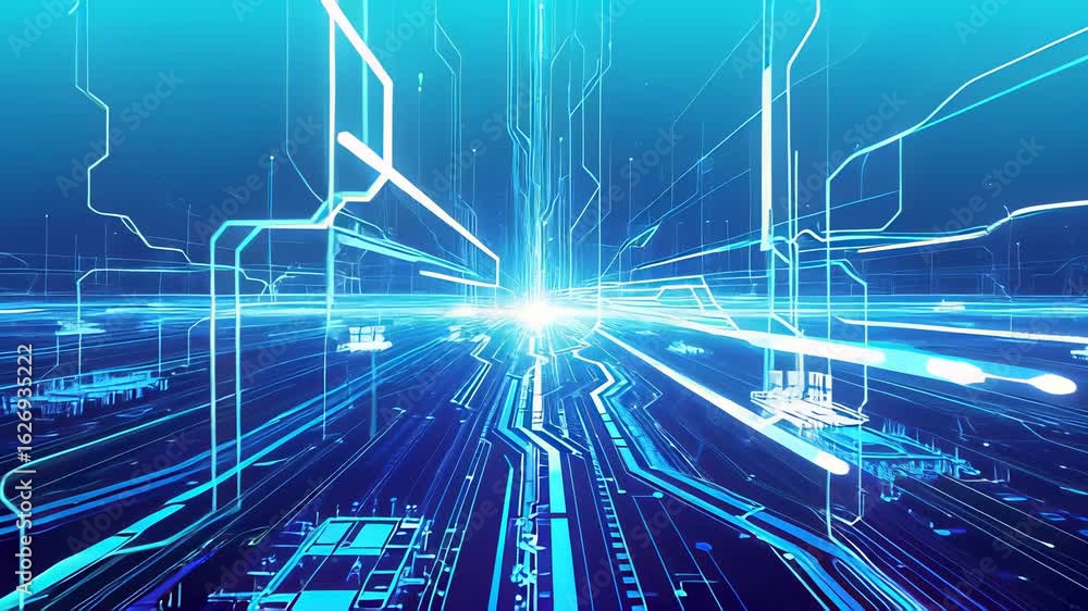 Aufkleber exploring a dynamic futuristic digital landscape with technology and mesmerizing camera movement