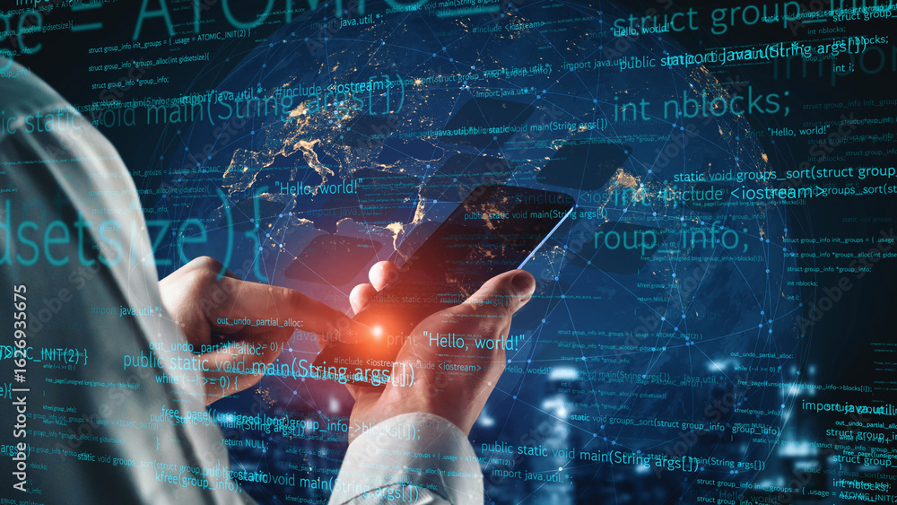 Poster a businessman in a formal suit interacts with a smartphone against a backdrop of digital coding and 