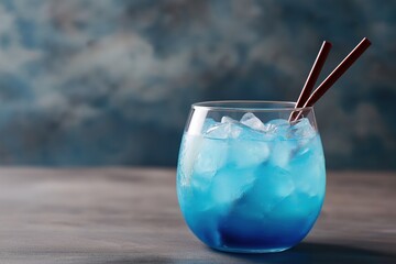 Refreshing blue cocktail with ice and straws against abstract background