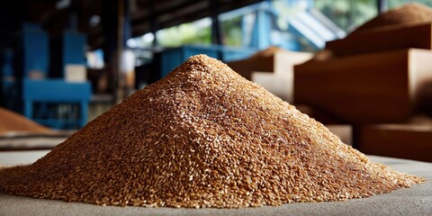 Pile of wheat grains in industrial warehouse setting