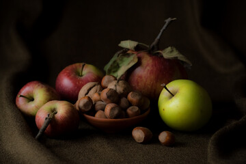 The vibrant colors of the fruits apples, walnuts, hazelnuts