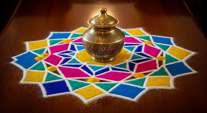 Ornate brass pot sitting on a colorful geometric rangoli design on a wooden surface in soft lighting