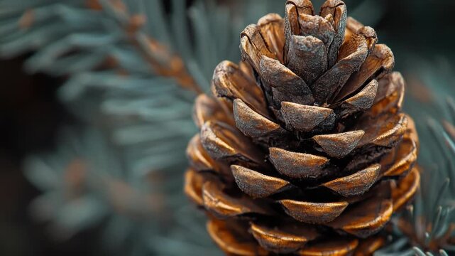 A close-up view of a pine cone attached to a tree branch, highlighting the natural beauty of forest flora