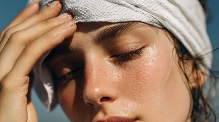 Obraz premium Young woman applies a white facial sheet mask outdoors, with eyes closed and a wet cleaning cloth nearby, highlighting a skincare routine and self-care moment.