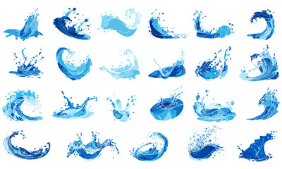 Vector set of water splashes, blue liquid icons, ocean waves, aquatic clipart, fluid patterns, dynamic visuals, clean design, wave graphics, splash effects, detailed creative collection, art