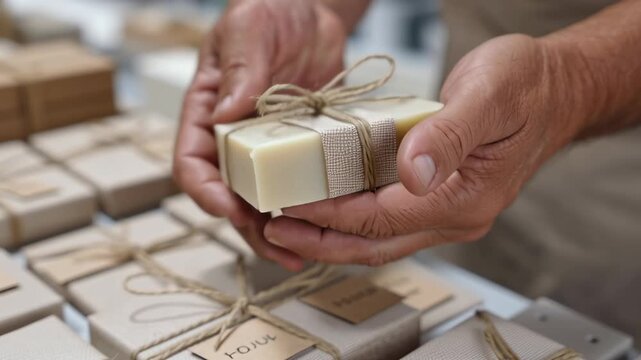 A man is holding a bar of soap with a string tied around it. The soap is wrapped in a brown paper and is placed on top of a stack of other soaps. Concept of care and attention to detail