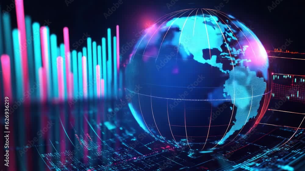 Poster illustration of a blue and pink globe with various graphs and patterns, perfect for data visualizati