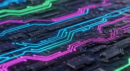 Cyber Circuitry: An advanced close-up perspective, highlighting vibrant neon circuits on a black background. This image embodies the intricate technological complexity of the digital age.