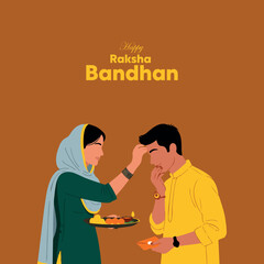 Sister applies tilak & feeds sweet to brother for Happy Raksha Bandhan. Illustrates traditional ritual, blessings, and sibling joy.