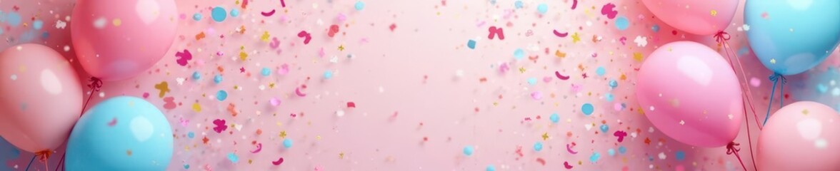 Vibrant balloons & confetti shower on pastel pink & blue backdrop, graphics, blue background, bright
