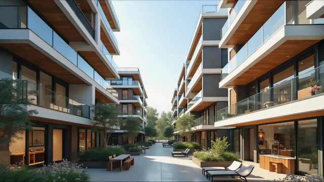 Scenery cityscape contemporary apartment multistory buildings complex with minimalist modern design architecture, glass balconies, wooden and brick details and integrated landscaping and flowers.
