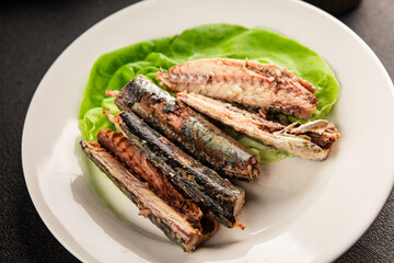Sardine canned food sprats fish seafood fresh pescetarian diet gourmet food background on the table rustic food top view copy space keto and paleo diet