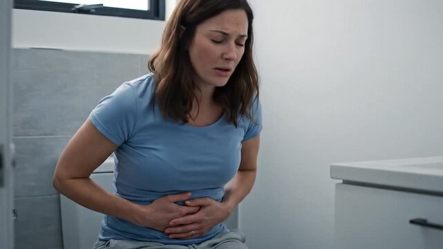 A woman experiencing stomach ache in the bathroom, symbolizing pain and discomfort. Capturing the raw emotion of internal distress.