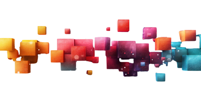 Gradient 3D cubes in flowing abstract pattern. Modern geometric design perfect for tech branding, UI elements, or digital art.  Isolated on transparent background, png.