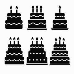 A collection of black birthday cake silhouettes with lit candles for celebration.
