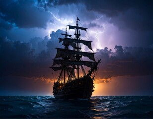 Obraz premium A dramatic silhouette of a historic schooner against a lightning-lit stormy sky at sunset, evoking a sense of mystery and adventure. AI-generated